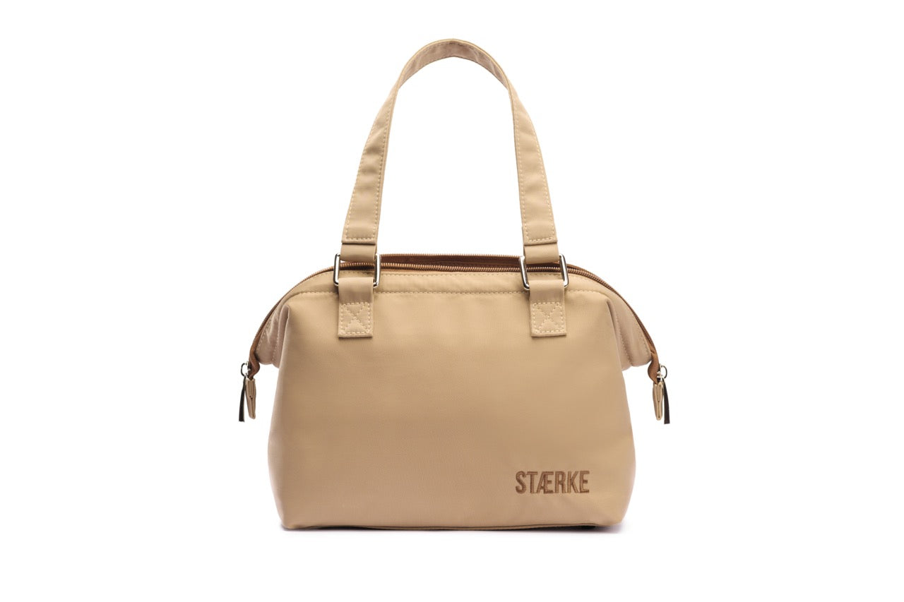 STÆRKE mini gym bag front view in beige recycled nylon, Scandinavian gym bag with structured silhouette
